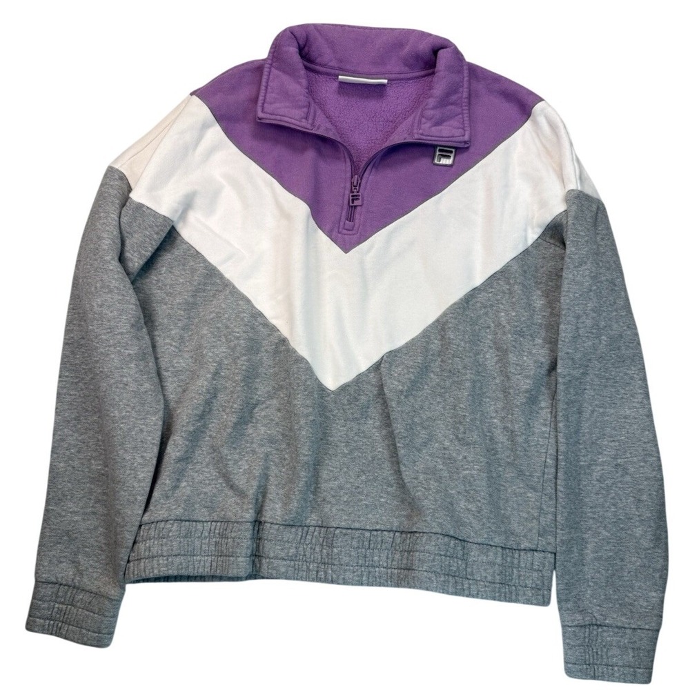 FILA Colorblock Quarter Zip Sweatshirt Cropped Purple Gray White XL